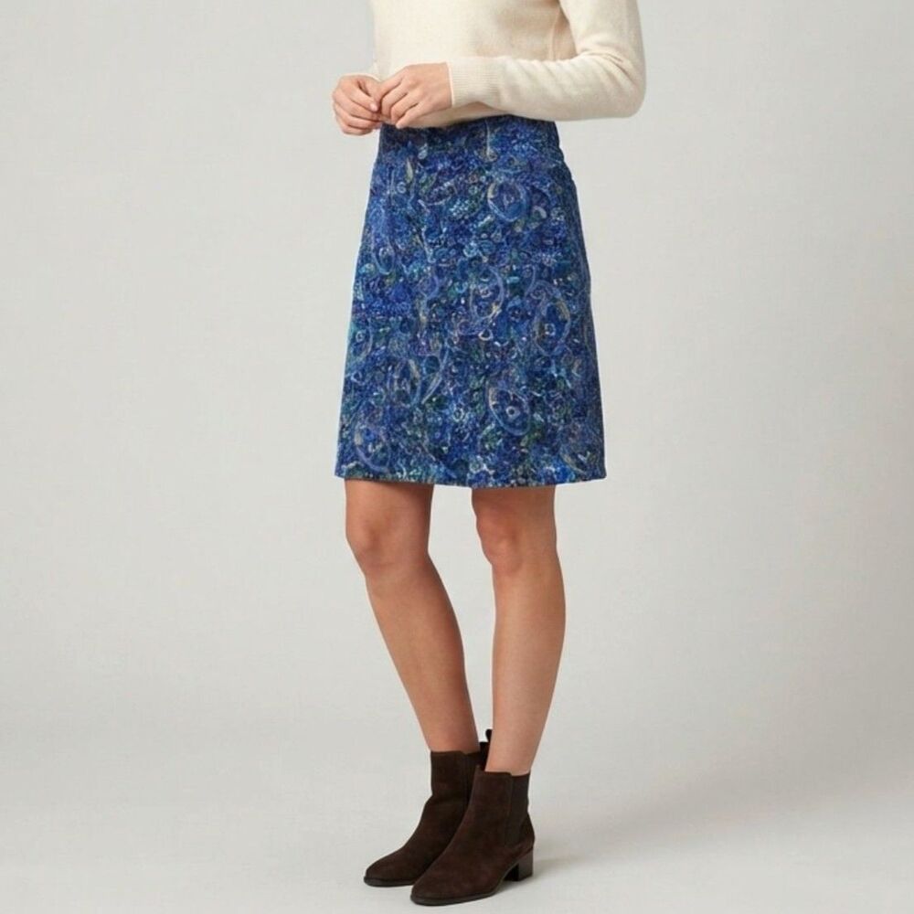 Talbots Corduroy Paisley Skirt 10P Blue Floral Cotton Stretch Fall Boho EUC
